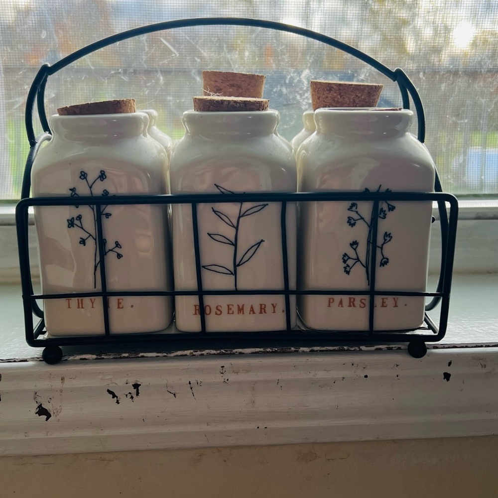 Rae Dunn White Herb Jars with Black Wire Rack